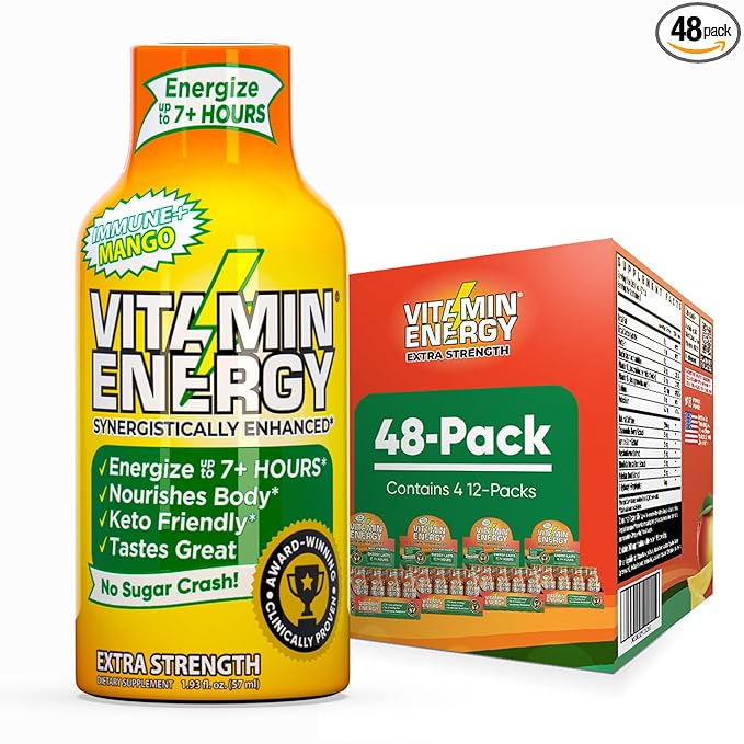 Vitamin Energy Immune+ Extra Strength Energy Shot Mango 48 Pack, 260mg Natural Caffeine, B-Vitamins, Citicoline, Green Tea, Immunity & Focus Support, Zero Sugar, Gluten-Free 1.93 fl oz