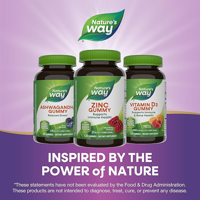 Nature's Way Zinc Gummies, Adult & Kids 9+ Immune Support Gummies*, 100% Daily Value per Serving, Mixed Berry Flavor, 120 Chews