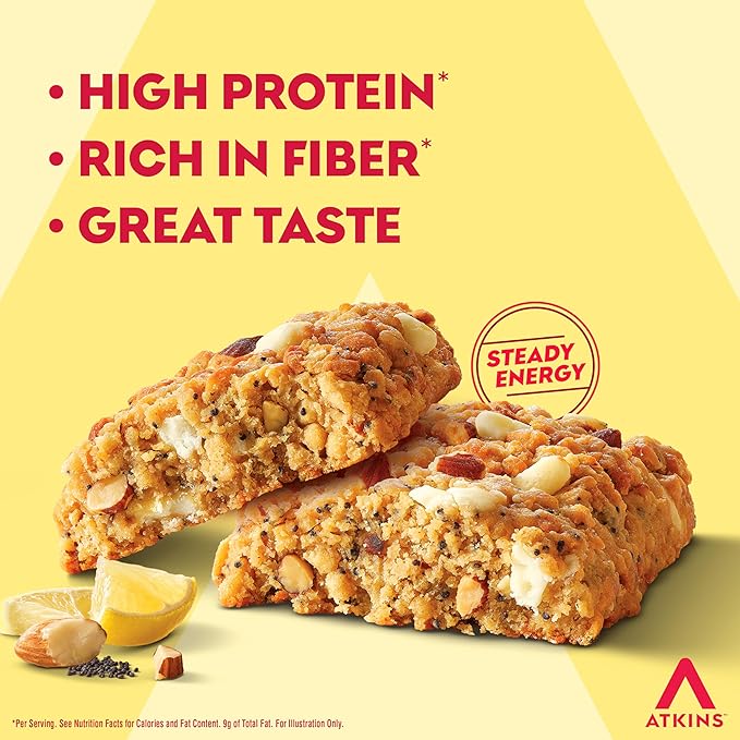 Atkins Soft Baked High Protein Bars, Lemon Poppy Seed Flavor, 15g Protein, 4g Net Carbs, 2g Sugar, Keto Snacks, Low Sugar Bars, High Fiber Snacks, 6 pack (4 bars each)