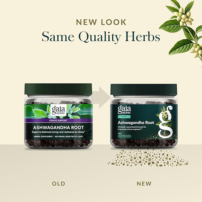 Gaia Herbs Ashwagandha Root - Stress Relief & Sleep Support Supplement - Supports Balanced Energy Levels & Positive Outlook* - 180 Vegan Liquid Phyto-Caps (90 Servings)