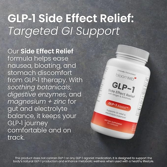 GLP-1 Side Effect Relief Supplement – Support for Nausea, Bloating & Fatigue – Natural Digestive Support with Ginger, Magnesium, B12 & Electrolytes – for GLP-1 Users – 60 Capsules
