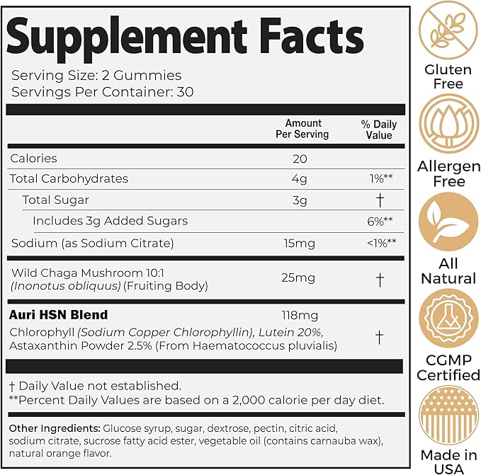 Auri Nutrition Super Mushroom HSN Gummies - Hair Skin and Nails Gummies Functional Mushrooms Supplement - with Wild Chaga, Chlorophyll, Lutein and Astaxanthin - 60 Orange Citrus Gummies