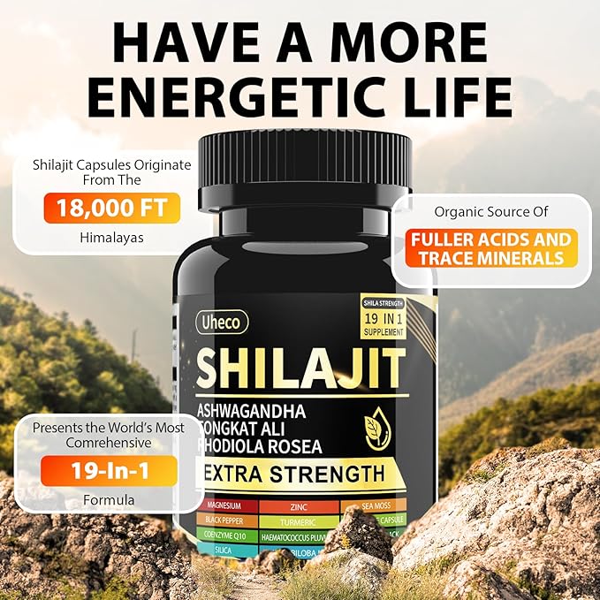 Shilajit Supplement with Sea Moss, Ashwagandha, Tongkat Ali - Shilajit Pure Himalayan Organic Fulvic Acid Capsules - 90 Count