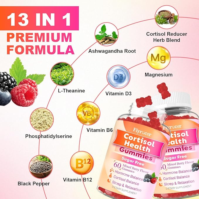 Cortisol Supplements for Women & Men, 13 in 1 Cortisol Detox, Cortisol Manager Reducer with Ashwagandha, Magnesium, L-Theanine, Cortisol Balance Gummies-Hormone Balance, Focus, Calm, zzZ, 60 Cts