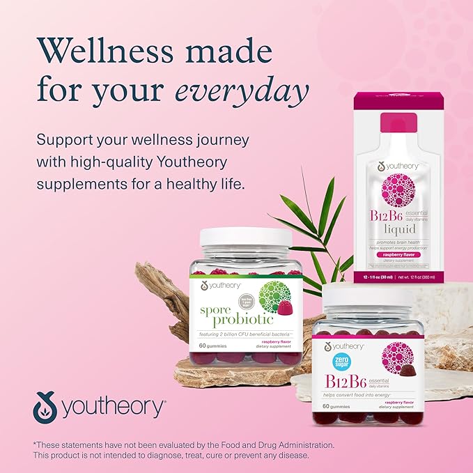 Youtheory B12B6 Gummies - Vitamin B12 & B6 - Supports Mood, Nervous System & Metabolism* - Aids Memory & Stress Management* - Sugar Free - No Dairy, Soy or Gluten - 60 Gummies (60 Servings)*