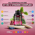 Multivitamin for Women - B-Complex | Whole Foods | Hair Growth Support | Digestion & Metabolism | Iron - 47in1 Womens Multivitamin - Bioavailable & Gentle on Stomach - Made in USA - 90 Capsules