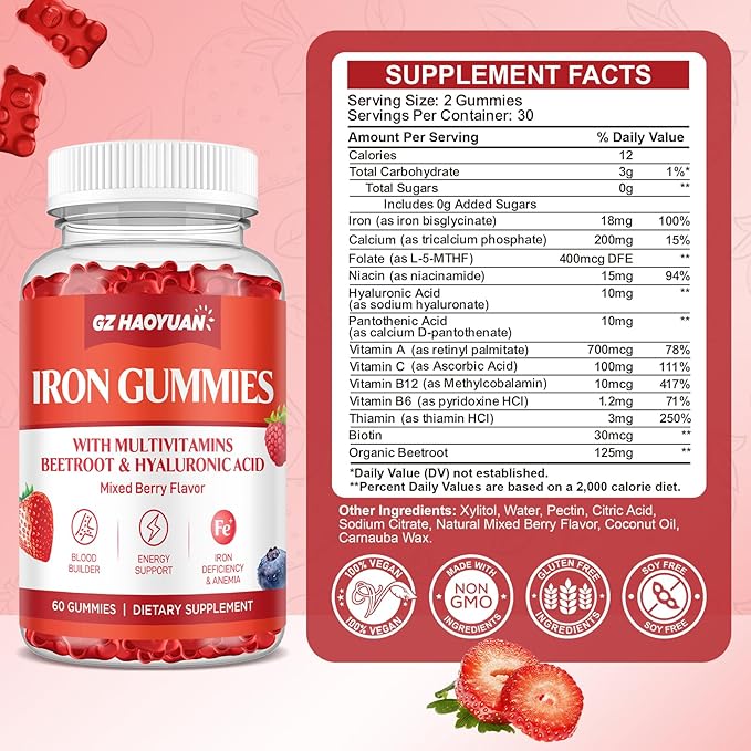 Iron Gummies for Women & Men - Iron Supplement with Multivitamin for Adults & Kids - Support Blood Builder, Energy, Iron Deficiency & Anemia - Sugar Free Iron Gummies Mixed Berry Flavor 60 ct