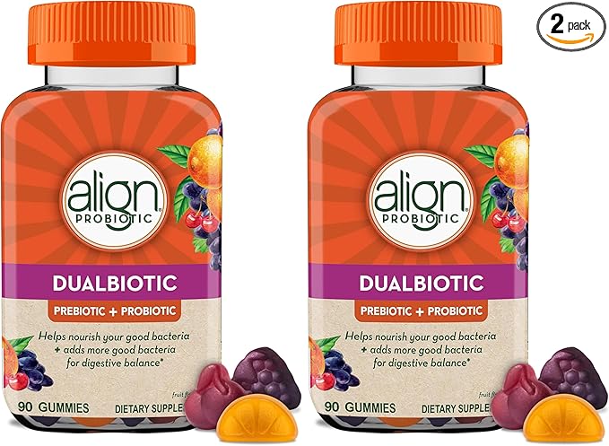 Align Dualbiotic, Prebiotics and Probiotics for Women and Men, Probiotics for Digestive Health, Prebiotics Help Nourish Good Bacteria, Natural Fruit Flavors, 90 Probiotic Gummies,(Pack of 2)
