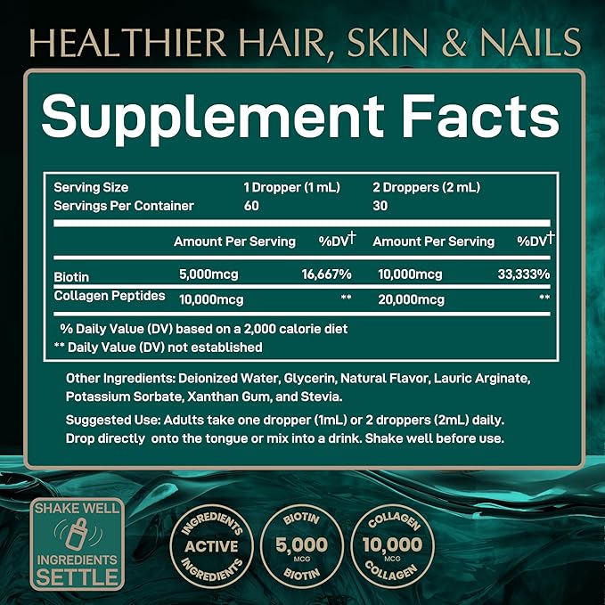 Liquid Collagen Peptides with Biotin Drops - 30,000mcg Biotin and Collagen Liquid for Women and Men - Youthful Skin, Hair Growth, Strong Nails - Hair Vitamins for Hair Loss - Lemon Flavor - 2x2oz