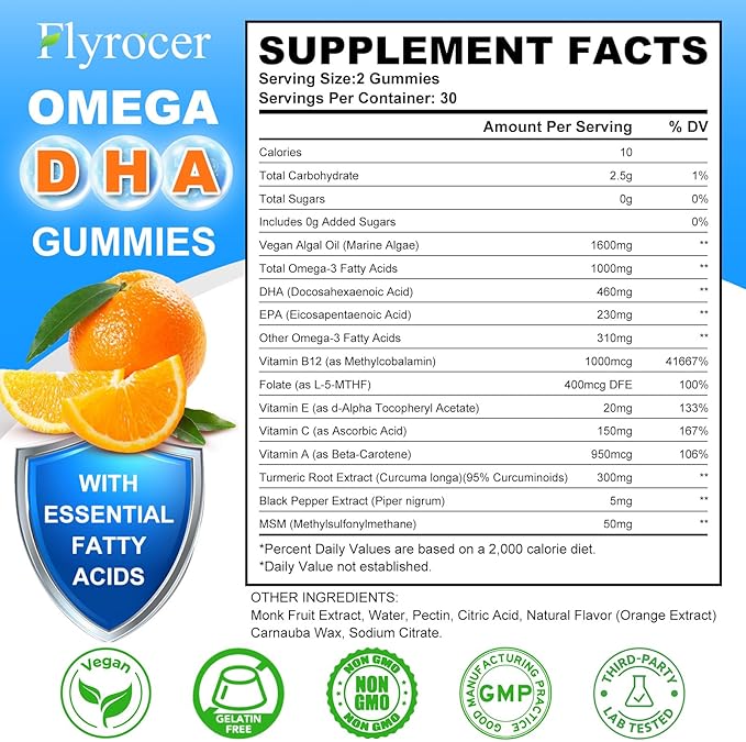 Vegan Omega 3 Gummies - Algal Oil Omega 3 Supplement with DHA, EPA & 10 Essential Vitamins, Fish Oil Alternative - Support Brain, Eye & Immunity for Adults, Orange Flavor, 60 Count