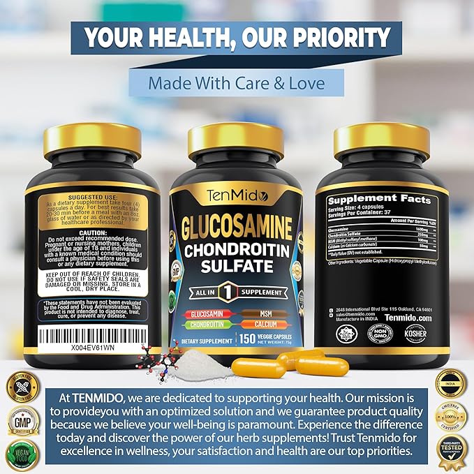 Glucosamine Chondroitin MSM Supplement for Men and Women - 4in1 Formula - Joint & Bone Health Support - 150 Capsules
