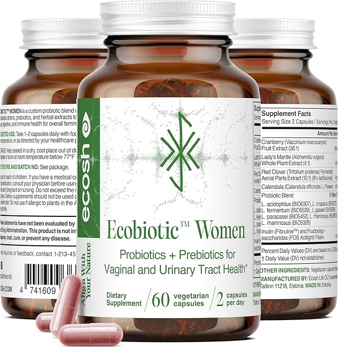 Ecosh Women's Probiotic for PH Balance, Urinary Tract & Gut Health – Vaginal Probiotics for Women with Prebiotics, Lactobacillus Acidophilus & Crispatus, Natural Cranberry & Herbs | 60 Vegan Capsules