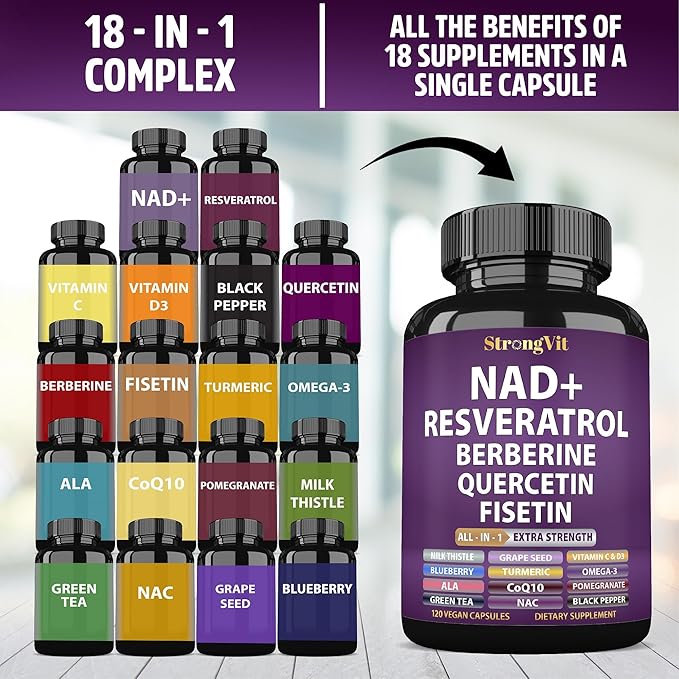 NAD Resveratrol Supplement for Women & Men. Support Cellular Health, Energy + Healthy Aging. Advanced Formula, Plus Third-Party Lab Tested in USA (120 Capsules)