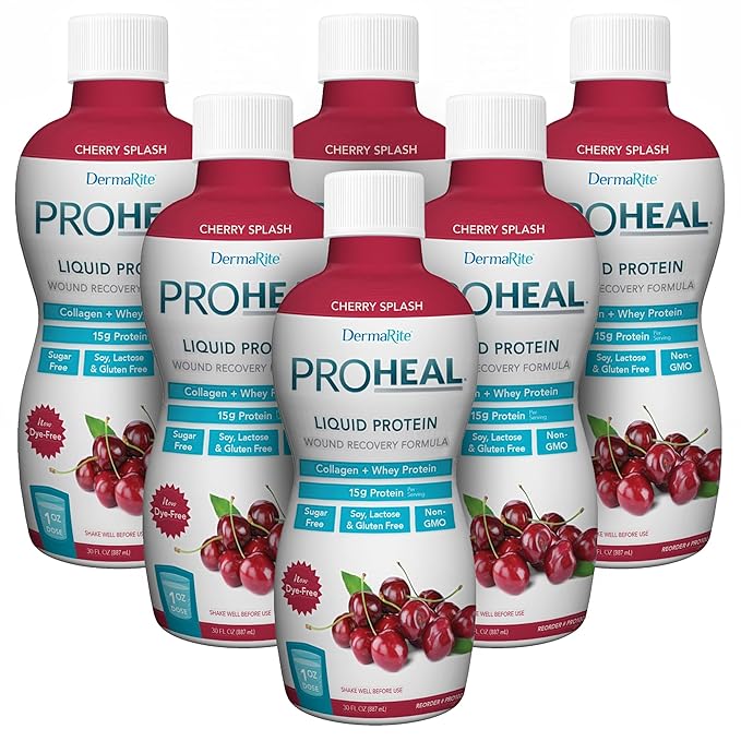 DermaRite's ProHeal Protein Supplement - Liquid Protein Wound Recovery Formula, 15g of Collagen & Whey Protein - Cherry Splash Flavor, 30 oz., 6 Count