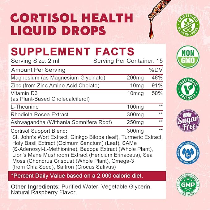 (4 Pack) Cortisol Liquid Drops for Women - Balanced Cortisol, Hormone Balance Support, Cortisol Supplements for Women with Magnesium Complex, Rhodiola Rosea, Ashwagandha, Sugar-Free, 1 Fl Oz