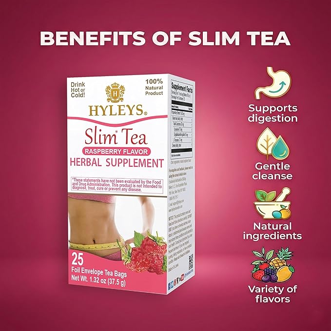 Hyleys Slim Tea Raspberry Flavor - Weight Loss Herbal Supplement Cleanse and Detox - 25 Tea Bags (6 Pack)