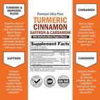 Turmeric Supplement with Saffron, Cinnamon and Cardamom Plus BioPerine Black Pepper Extract for Optimal Absorption, Natural Tumeric Curcumin Joint Support Supplement for Women and Men, 60 Capsules