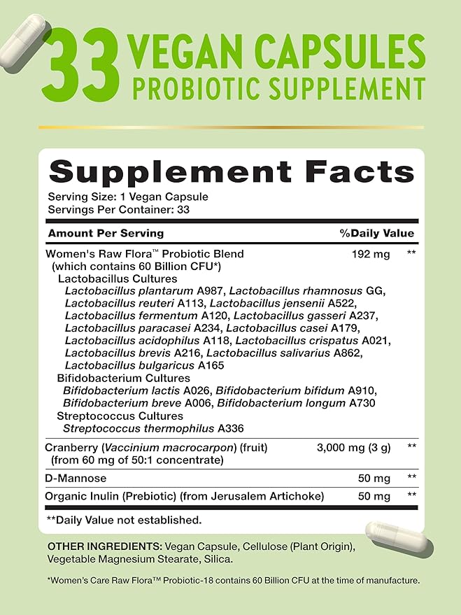 Raw Flora Women's Probiotics | Dr. Formulated 60 Billion CFU + Prebiotics | Digestive, Vaginal & Urinary Support | 33 Vegan Capsules with Cranberry & D-Mannose | Shelf Stable