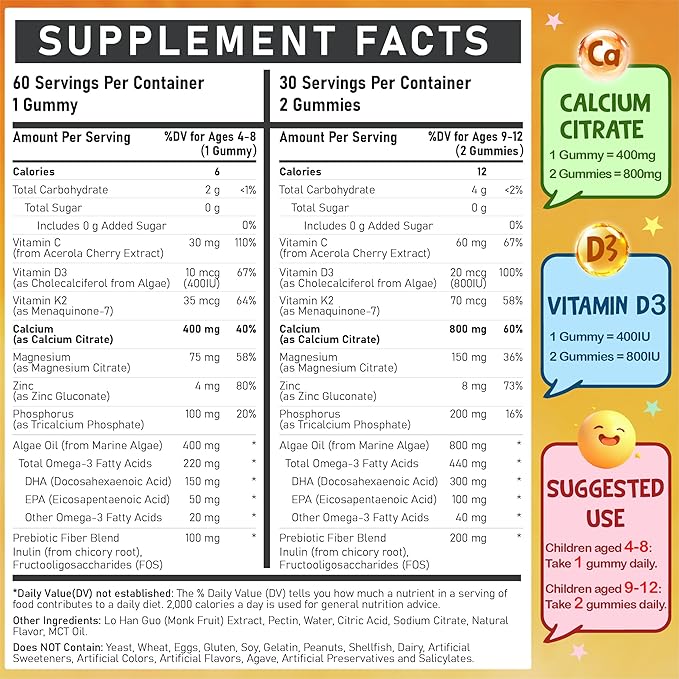 Kids Calcium Gummies with Vitamin D3 K2 - Calcium Citrate with Magnesium, Zinc, Omega-3 and Probiotics for Kids Bone Health, Digestive & Development Support - Sugar Free Gummies, Non-GMO, Vegan