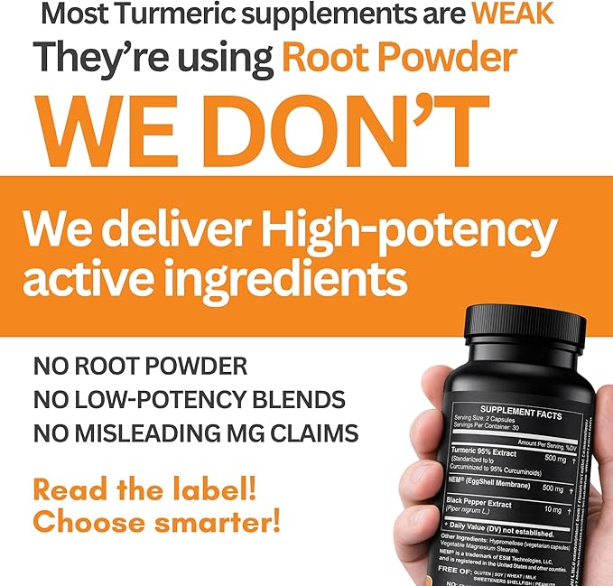 Turmeric Curcumin 95% Extract & Collagen Capsules - NEM Promotes Knee Comfort & Flexibility - Eggshell Membrane w Naturally Occurring Glucosamine Chondroitin Hyaluronic Acid- Made in USA
