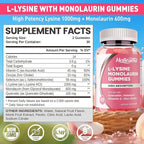 L-Lysine Monolaurin Gummies, Monolaurin and Lysine 1000mg Supplement for Adults & Kids, with Vitamin C, Zinc, Selenium & Quercetin, Immune & Overall support, Oral & Lip Health, Peach Flavor, 60 Ct