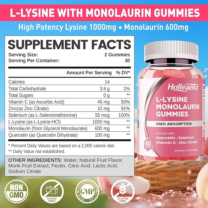 L-Lysine Monolaurin Gummies, Monolaurin and Lysine 1000mg Supplement for Adults & Kids, with Vitamin C, Zinc, Selenium & Quercetin, Immune & Overall support, Oral & Lip Health, Peach Flavor, 60 Ct