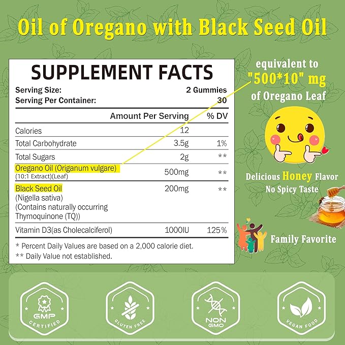 Oil of Oregano with Black Seed Oil + Vitamin D3 | 3 in 1 Oregano Oil 500mg Gummies for Immune Health | Retains High Concentrated Carvacrol & Thymoquinone | Non-GMO, Vegan | 60 Chews