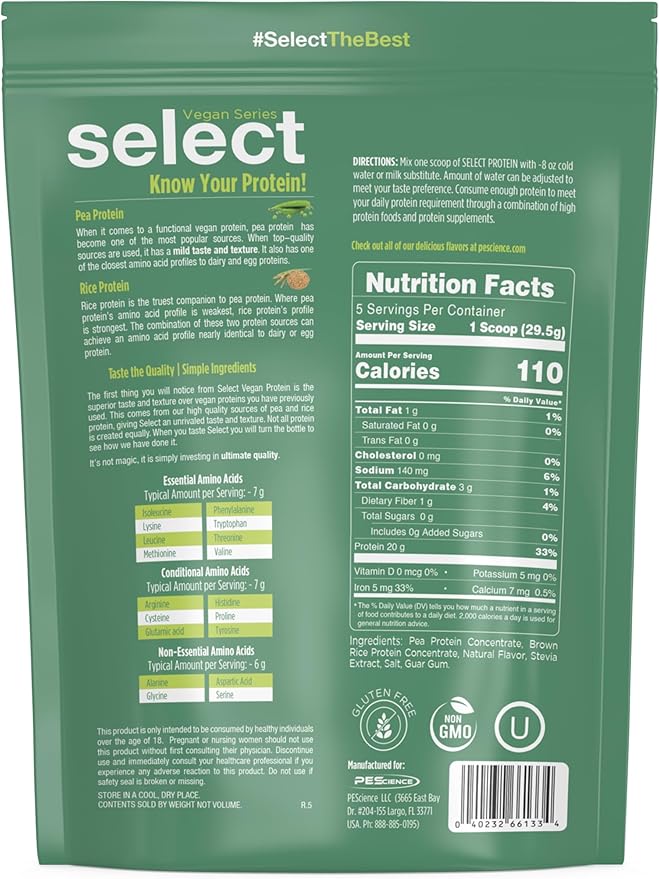 PEScience Select Vegan Protein Powder, Plant Based Protein Powder, Amazing Taste, Smooth Texture, Pea and Brown Rice Blend, Dairy Free, Lactose Free, Gluten Free - Vanilla Indulgence, 5 Servings
