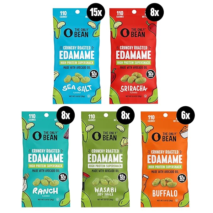The Only Bean High Protein Snacks, Healthy Office Snacks, Healthy Snacks for Adults and Kids for Lunch, Vegan, Low Carb & Gluten Free - Edamame Beans Snack, Variety Pack - 0.9oz (Pack of 45)