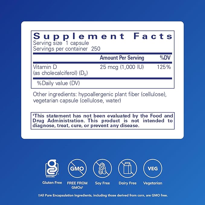 Pure Encapsulations Vitamin D3 25 mcg (1,000 IU) - Supplement to Support Bone, Joint, Breast, Heart, Colon & Immune Health* - with Premium Vitamin D - 250 Capsules