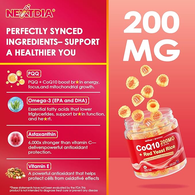 Red Yeast Rice Gummies 600mg & CoQ10 200mg for Adult, 12-in-1 High Absorption Coenzyme Q10 Supplement Plus Omega 3, PQQ, Astaxanthin, Methyl B12, Support Brain, Energy, Immunity, Antioxidant, 120Cts