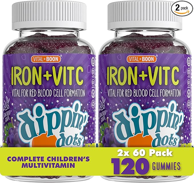 Vital+Boon Dippin' Dots Iron Gummies with Vitamin C & B12 – Gum Drop Grape, 60 Count (2 Pack) – Gluten & Gelatin Free, Non-GMO Supplement for Women, Men & Kids – 60 Day Supply