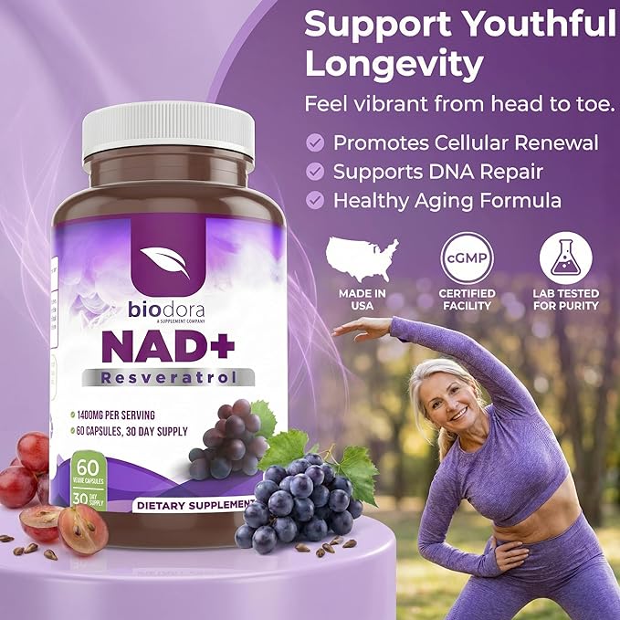 Resveratrol NAD+ 1400mg | Trans-Resveratrol Antioxidant NAD Supplement with NAD | Support Cellular Health, Energy & Anti Aging (60 Capsules)