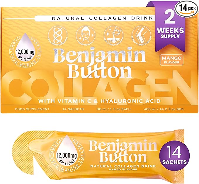 12,000mg Marine Collagen Liquid Shots| High Strength Hydrolyzed Marine Collagen Peptides w/Hyaluronic Acid & Vitamin C for Skin, Hair & Joints | Mango, 14 Daily Servings 30ml