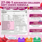 Collagen Gummies + Biotin Soft Chews 3000mg for Women & Men, Ultra Hydrolyzed Collagen Peptides Boosting Type I,II,III,V,X, Vitamin C, E, Anti-Aging Formula for Hair, Skin & Nails, Digestion,Bone,60Ct