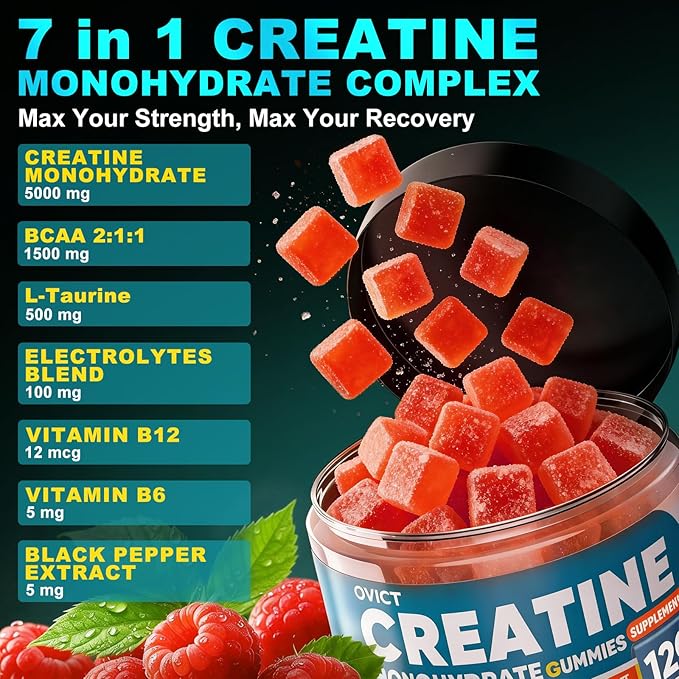 99.99% Creatine Monohydrate Gummies for Men Women 5g, 7-in-1 Pre-Workout Complex with BCAA, Taurine, B12/6 & Electrolytes, 6X Boost Energy, Muscle Strength & Recovery, Brain Focus, Vegan, Sugar Free