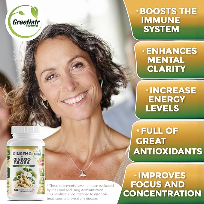 GreeNatr Ginko Biloba & Panax Ginseng Supplement - Red Ginseng Brain Supplement for Memory and Focus - Ginkgo Biloba Supplements for Good Vision, Immune System and Improved Blood Flow - 60 Tablets
