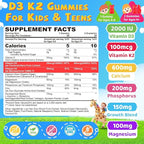 Vitamin D3 K2 Gummies for Kids + Calcium, Magnesium, Zinc, Phosphorus, Vitamin C, Kids Multivitamin D3 & K2 Supplement for Bone Health, Calcium Absorption, Focus & Immunity, Non GMO, Sugar Free, 2Pack