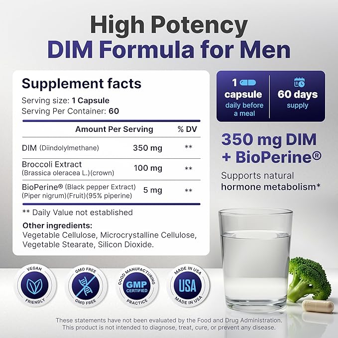 DIM for Men 350mg High Potency with BioPerine® & Broccoli Extract – 455mg Total Complex for Estrogen Balance & Hormone Optimization, Advanced DIM Supplement for Men, Clean Absorption Formula, 60 Caps