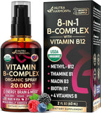 USDA Organic Vitamin B-Complex Liquid Spray 8-in-1 - B5 Pantothenic Acid | B12 Methylcobalamin | B1 Thiamine | B6 Pyridoxine | B7 Biotin | B9 Folic | B3 Niacinamide - Made in USA Supplement, 2fl oz