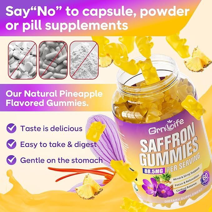 2 Pack Saffron Gummies for Kids & Adults, 10-in-1 Saffron Supplements with 88.5mg Saffron Extract Support Calm Mind & Focus & Zzz, Sugar Free, Pineapple Flavor, 120 Count