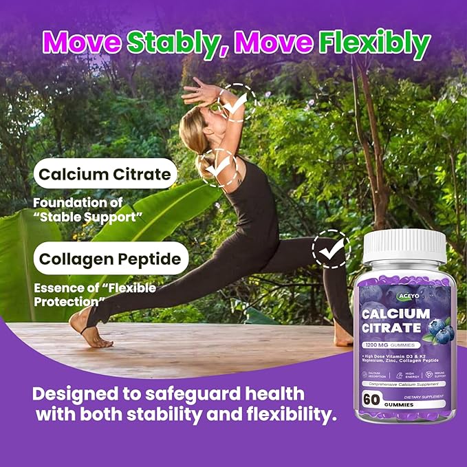 Calcium Citrate Gummies, 1200mg Chewable Calcium Supplement with Vitamin D3, K2, Magnesium & Zinc, Supports Energy and Immunity, High Absorption, Sugar-Free, Blueberry Flavor, 60 Count
