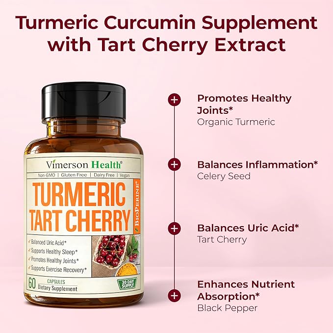 Turmeric Curcumin Supplement with 10:1 Tart Cherry Extract & Celery Seed Extract – Natural Uric Acid Balance, Joint Health, Sleep Aid – Turmeric Curcumin with Black Pepper –Tart Cherry Capsules 2 Pack