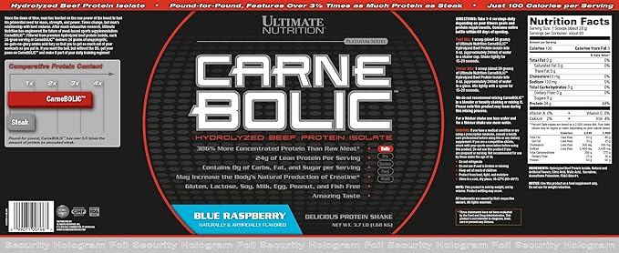 Ultimate Nutrition Carnebolic Hydrolyzed Beef Protein Isolate Powder-Paleo and Keto Friendly-Zero Carbs, Zero Fat, Zero Sugar or Soy, Gluten and Lactose-Free, Blue Raspberry, 60 Servings