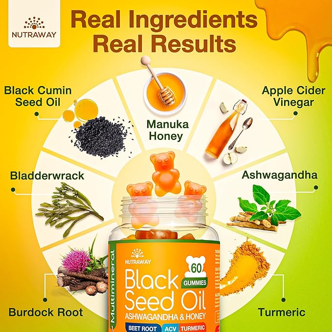 Black Seed Oil Gummies – Black Cumin Seed Oil, Ashwagandha, ACV, Biotin, Turmeric, Beet Root, Pomegranate, Vitamins C & B6 – Clean-Label Multivitamin Gummies for Adults & Kids
