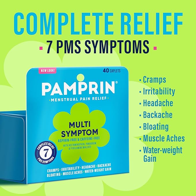 Pamprin Multi-Symptom Formula, with Acetaminophen, Menstrual Period Symptoms Relief including Cramps, Pain, Bloating, and Irritability 40 Caplets