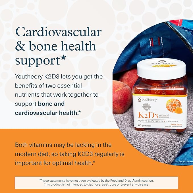Youtheory K2D3 - Bone & Heart Health Support* - Combines Vitamin D3 & Vitamin K2 - Dairy, Soy & Gluten Free - Peach, 60 Vegetarian Gummies