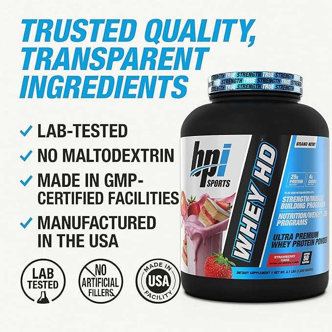 BPI Sports Whey HD Ultra Premium Protein Powder Isolate | Workout Whey Protein Powder for Men & Women for Muscle Gain | Milk Protein Concentrates | Strawberry Cake, 4.07 Pound