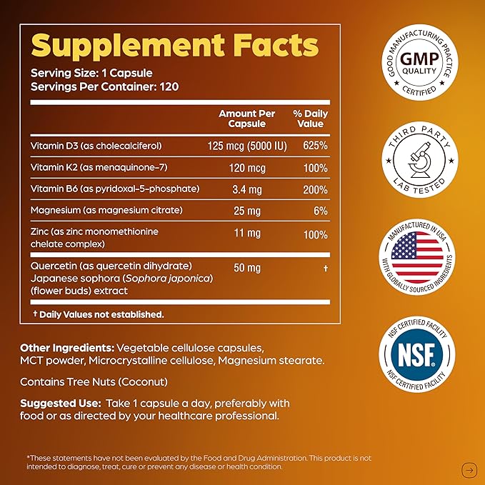 Sandhu's Vitamin D3 K2 Magnesium 5000 IU, 120mcg K2 Capsules 120 Count (Pack of 3) | with VIT B6, Zinc & Quercetin | D3K2 Supports Superior Absorption, Energy, Immune, Muscle Health for Men & Women