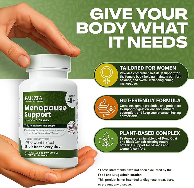 PAUZIA Menopause Supplements for Women 40+ | Natural Menopause Relief with Black Cohosh, Ashwagandha, Vitex | Hot Flash & Mood Support | Hormone-Free | Made in USA (60 Vegan Capsules)